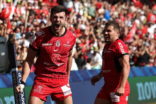Blair Kinghorn celebrates with Toulouse team-mate Antoine Dupont after scoring his side's fifth try during the win over Exeter Chiefs in the Investec Champions Cup quarter-final at Stade Ernest Wallon on April 14, 2024. (Photo by David Rogers/Getty Images)