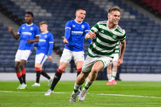 Celtic's Daniel Cummings celebrates after scoring to make it 5-4 over Rangers in the Scottish Youth Cup final at Hampden. (Photo by Ross MacDonald / SNS Group)