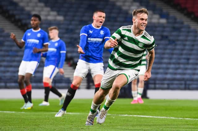 Celtic's Daniel Cummings celebrates after scoring to make it 5-4 over Rangers in the Scottish Youth Cup final at Hampden.  (Photo by Ross MacDonald / SNS Group)