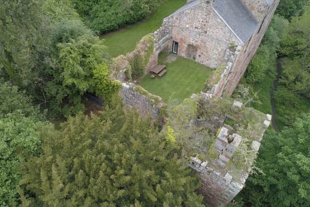 An aerial view of the ruined East Range of the castle before restoration. PIC: Rosslyn Chapel Trust.