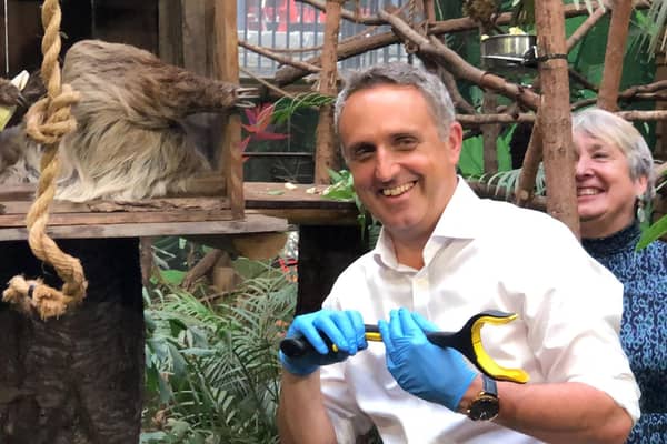 Scottish Lib Dem leader Alex Cole-Hamilton at Edinburgh Zoo while on the General Election campaign trail on Wednesday. Photo: Neil Pooran/PA Wire
