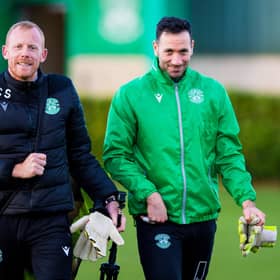 Hibs manager Jack Ross knows the value of international keeper Ofir Marciano, pictured during a training session with goalkeeping coach Craig Samson. Photo by Ross Parker/SNS Group