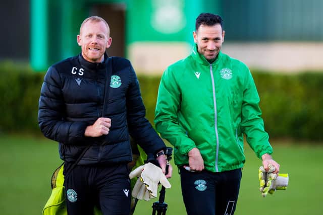 Hibs manager Jack Ross knows the value of international keeper Ofir Marciano, pictured during a training session with goalkeeping coach Craig Samson. Photo by Ross Parker/SNS Group