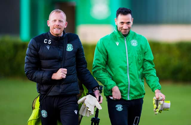 Hibs manager Jack Ross knows the value of international keeper Ofir Marciano, pictured during a training session with goalkeeping coach Craig Samson. Photo by Ross Parker/SNS Group