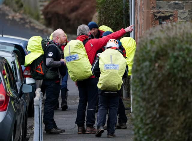 Members of the Scottish Mountain Rescue help with the search for missing 11-year-old Kaitlyn Easson in the area near to Gala Park, Galashiels, in the Scottish Borders, Kaitlyn was last seen in the park at 5.30pm on Sunday evening. Picture date: Monday February 6, 2023.