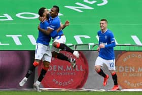 GLASGOW, SCOTLAND - OCTOBER 17: Rangers' Connor Goldson celebrates with teammates after making it 2-0 during a Scottish Premiership match between Celtic and Rangers at Celtic Park, on October 17, 2020, in Glasgow, Scotland. (Photo by Rob Casey / SNS Group)
