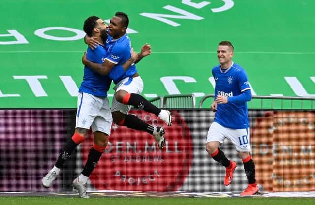 GLASGOW, SCOTLAND - OCTOBER 17: Rangers' Connor Goldson celebrates with teammates after making it 2-0 during a Scottish Premiership match between Celtic and Rangers at Celtic Park, on October 17, 2020, in Glasgow, Scotland. (Photo by Rob Casey / SNS Group)