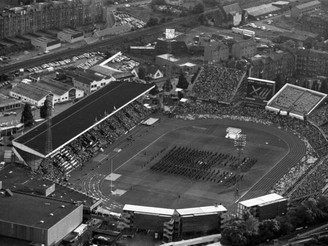An aerial shot of the opening ceremony of the Edinburgh Commonwealth Games.