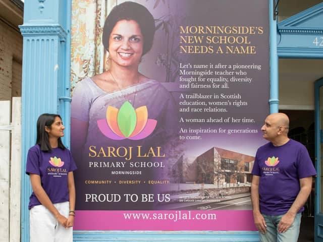 Saroj Lal's son, Vineet Lal,  and granddaughter, Isha Saini, outside the new centre in Morningside. - Picture by: Jon Davey