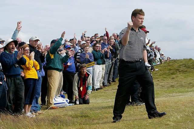 Stuart Wilson reacts during the first round of the 133rd Open Championship at Royal Troon in 2004. Picture: Adrian Dennis/AFP via Getty Images.