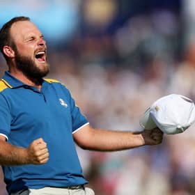 Tyrrell Hatton celebrates winning his singles match in last year's Ryder Cup at Marco Simone Golf Club in Rome. Picture: Naomi Baker/Getty Images.