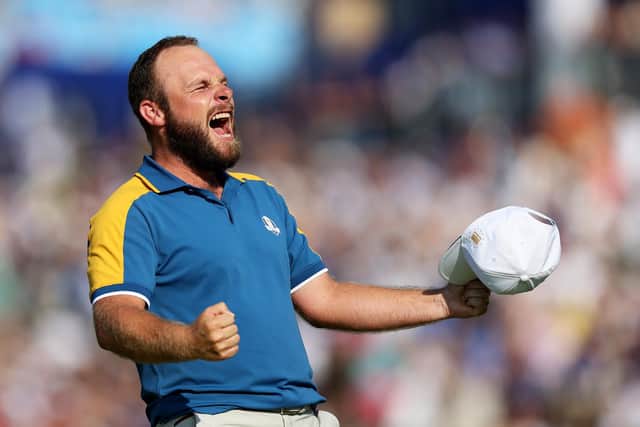 Tyrrell Hatton celebrates winning his singles match in last year's Ryder Cup at Marco Simone Golf Club in Rome. Picture: Naomi Baker/Getty Images.