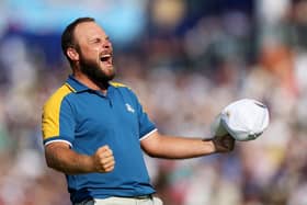 Tyrrell Hatton celebrates winning his singles match in last year's Ryder Cup at Marco Simone Golf Club in Rome. Picture: Naomi Baker/Getty Images.