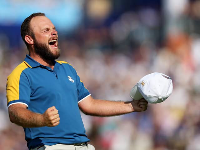 Tyrrell Hatton celebrates winning his singles match in last year's Ryder Cup at Marco Simone Golf Club in Rome. Picture: Naomi Baker/Getty Images.