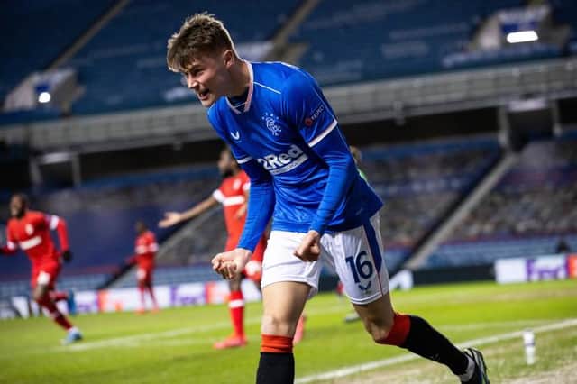 Nathan Patterson celebrates his goal after making it 2-1 for Rangers against Royal Antwerp at Ibrox. (Photo by Craig Williamson / SNS Group)