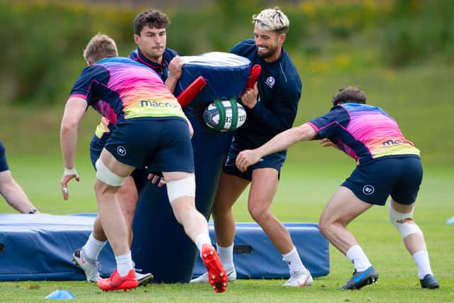 Damien Hoyland and Adam Hastings at a Scotland training session at Oriam ahead of the A international against England. Picture: Paul Devlin/SNS