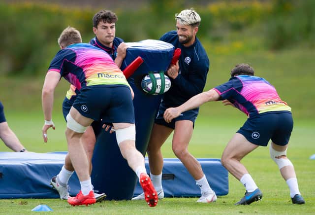 Damien Hoyland and Adam Hastings at a Scotland training session at Oriam ahead of the A international against England. Picture: Paul Devlin/SNS