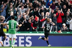 Hibs midfielder Joe Newell cannot believe it as substitute Alex Greive makes it 3-2 to St Mirren with two minutes left of the Premiership fixture at Easter Road   (Photo by Paul Devlin / SNS Group)