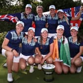 Captain Catriona Matthew celebrates with her players after Great Britain & Ireland's win in the 43rd Curtis Cup at Sunningdale Golf Club on Sunday. Picture: Oisin Keniry/R&A/R&A via Getty Images.