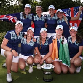 Captain Catriona Matthew celebrates with her players after Great Britain & Ireland's win in the 43rd Curtis Cup at Sunningdale Golf Club on Sunday. Picture: Oisin Keniry/R&A/R&A via Getty Images.
