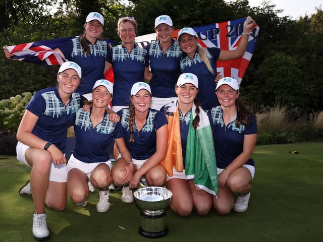 Captain Catriona Matthew celebrates with her players after Great Britain & Ireland's win in the 43rd Curtis Cup at Sunningdale Golf Club on Sunday. Picture: Oisin Keniry/R&A/R&A via Getty Images.