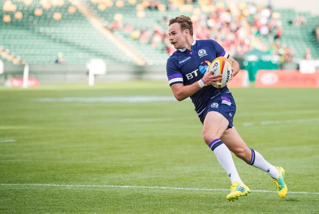 Ruaridh Jackson scores a try on his final appearance for Scotland in 2018.