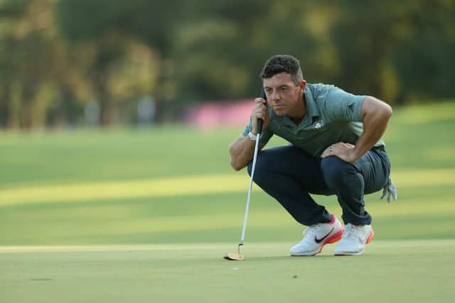 Rory McIlroy of Team Ireland lines up a putt in the play-off hole for the bronze medal in Japan. Picture: Mike Ehrmann/Getty Images.