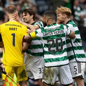 Celtic's Joe Hart celebrates with Cameron Carter-Vickers, Liam Scales and Matt O'Riley after winning the shootout against Aberdeen.