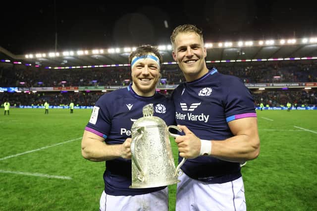 Hamish Watson and Duhan van der Merwe celebrate the 2022 Calcutta Cup win. Both must overcome fitness concerns to play in this year's match.  (Photo by Craig Williamson / SNS Group)