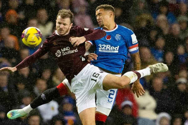 Rangers' James Tavernier (R) and Hearts' Andy Halliday (L) clash during the previous Ibrox meeting in November. (Photo by Alan Harvey / SNS Group)