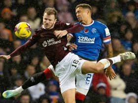 Rangers' James Tavernier (R) and Hearts' Andy Halliday (L) clash during the previous Ibrox meeting in November. (Photo by Alan Harvey / SNS Group)