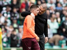 Celtic manager Ange Postecoglou has a word with Hearts' Cammy Devlin after a match last season.  (Photo by Alan Harvey / SNS Group)