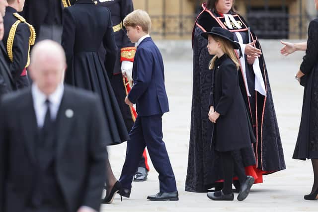 Prince George of Wales and Princess Charlotte of Wales arrive at Westminster Abbey for The State Funeral of Queen Elizabeth II. Picture: Chris Jackson/Getty Images