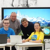 Scottish Building Society CEO Paul Denton and ITZA CEO Anthony Bouchier with pupils from West Calder High School, West Lothian. Picture by Stewart Attwood