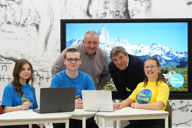 Scottish Building Society CEO Paul Denton and ITZA CEO Anthony Bouchier with pupils from West Calder High School, West Lothian. Picture by Stewart Attwood