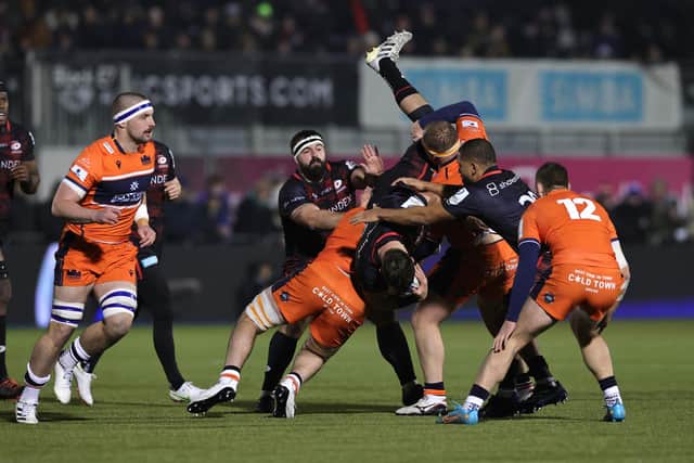 Callum Hunter-Hill of Saracens was upended in a tackle by WP Nel which resulted in a yellow card for the Edinburgh prop. (Photo by David Rogers/Getty Images)