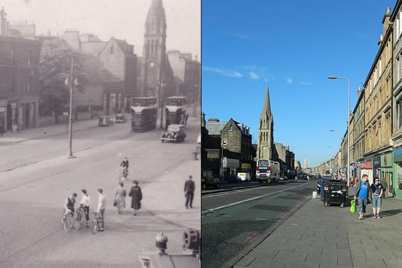 Leith received Scotland's first electric tram back in 1905, at Leith Walk it would terminate at Pilrig Church (seen in the background) before passengers would then have to change to cable-drawn cars, this chaos was called the "Pilrig muddle".