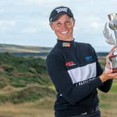 American Ryann O'Toole shows off the trophy after her win in the Trust Golf Women's Scottish Open at Dumbarnie Links. Picture: Tristan Jones