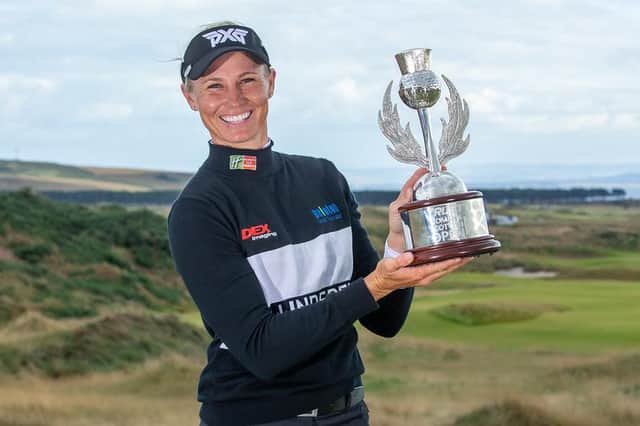 American Ryann O'Toole shows off the trophy after her win in the Trust Golf Women's Scottish Open at Dumbarnie Links. Picture: Tristan Jones