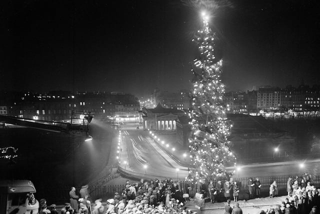 Christmas Tree at Mound - Lights switched on by 8 year-old Thomas Forrest. General View - As children sing Christmas carols 1959