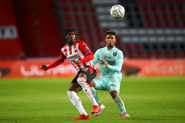 Milan van Ewijk, right, in action for ADO Den Haag in an Eredivise clash with PSV Eindhoven in November