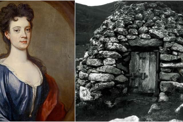 Lady Grange and the cleit on St Kilda - known as Lady Grange's House - which is believed to have been built on the site of the house where she lived in captivity. PIC: NTS/CC