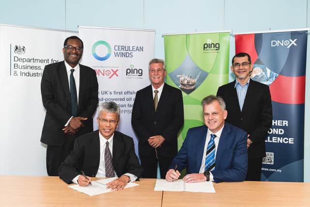 From left: UK Secretary of State Kwasi Kwarteng observes the signing between Zainal Abidin Abd Jalil and Rob Fisher of Ping Petroleum with Dan Jackson of Cerulean Winds and Tan Sri Syed Zainal Abidin Syed Mohamed Tahir of DNeX. Picture: contributed.