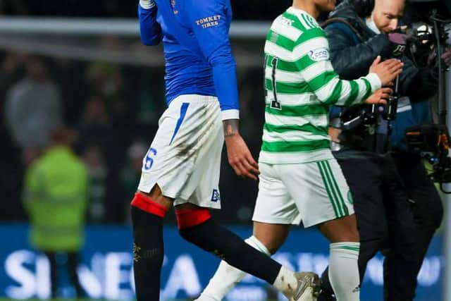 Rangers' Connor Goldson (L) at full time during a cinch Premiership match between Celtic and Rangers at Celtic Park, on February 02, 2022, in Glasgow, Scotland. (Photo by Alan Harvey / SNS Group)
