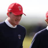 Gordon Sargent, right, holed some key putts late on against Scottish duo Connor Graham and Calm Scott in the second-day foursomes in the 49th Walker Cup at St Andrews. Picture: Oisin Keniry/R&A/R&A via Getty Images.