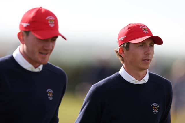 Gordon Sargent, right, holed some key putts late on against Scottish duo Connor Graham and Calm Scott in the second-day foursomes in the 49th Walker Cup at St Andrews. Picture: Oisin Keniry/R&A/R&A via Getty Images.