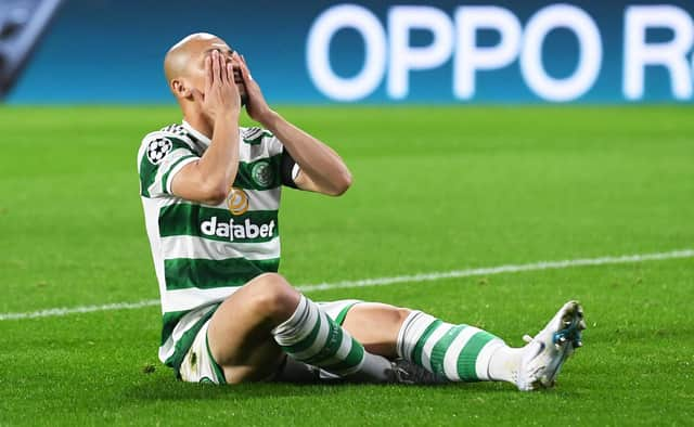 Celtic’s Daizen Maeda has head in hands after passing up an early chance in the 2-0 defeat to RB Leipzig - one of the dozens spurned by the club to cause their Champions League campaign to crumble. (Photo by Craig Foy / SNS Group)