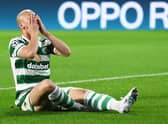 Celtic’s Daizen Maeda has head in hands after passing up an early chance in the 2-0 defeat to RB Leipzig - one of the dozens spurned by the club to cause their Champions League campaign to crumble. (Photo by Craig Foy / SNS Group)