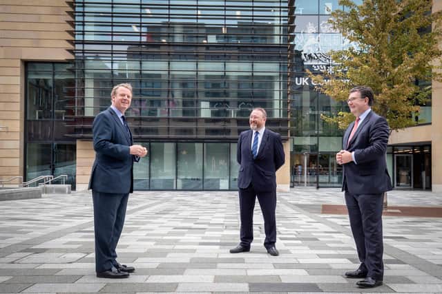 Secretary of State for Scotland Alister Jack, David Duguid MP and Iain Stewart MP outside Queen Elizabeth House, the new UK Government Hub in Edinburgh.