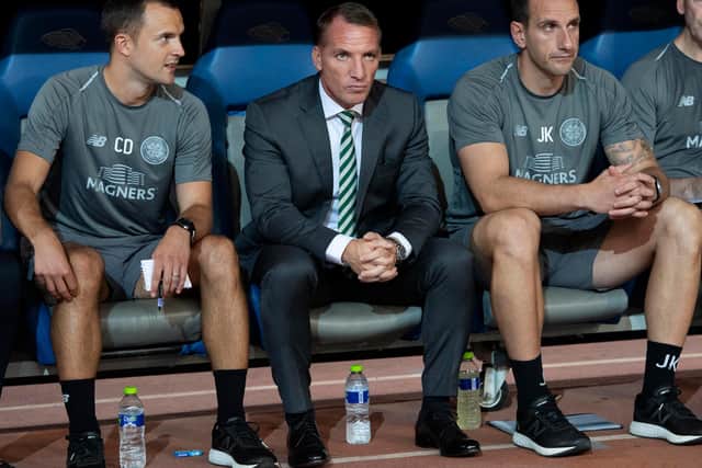John Kennedy, right, with Brendan Rodgers and Chris Davies at Celtic,  the now interim manager of the Glasgow club turning down the chance to join the pair at Leicester City. (Photo by Craig Williamson/SNS Group)